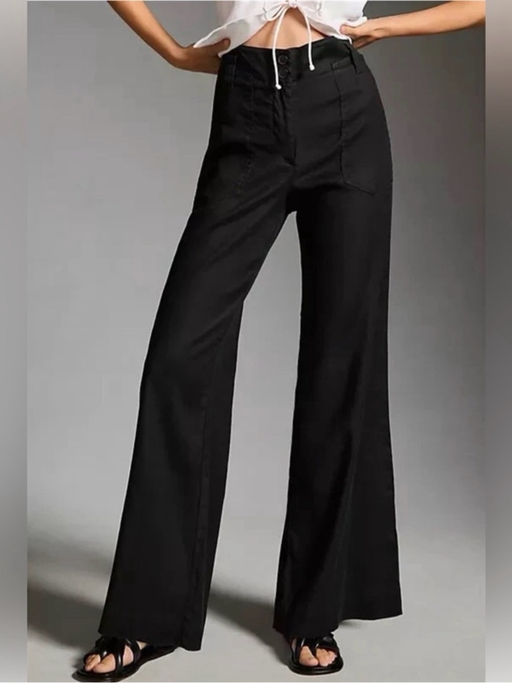 Maeve Anthropologie Naomi Wide Leg Flare Pants Black Linen Blend Size 0